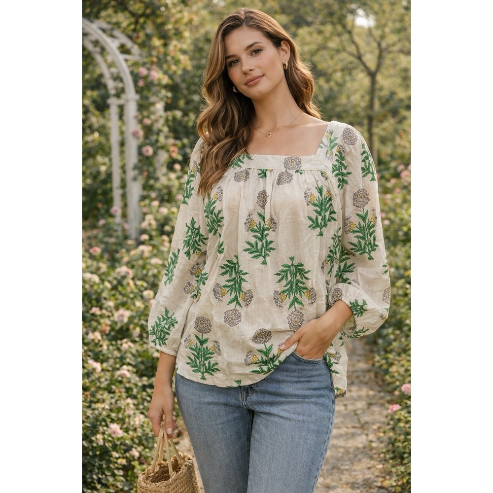 Lane Bryant Floral Blouse Cream Green Square Neck Long Sleeve Boho Top - Picture 4 of 4